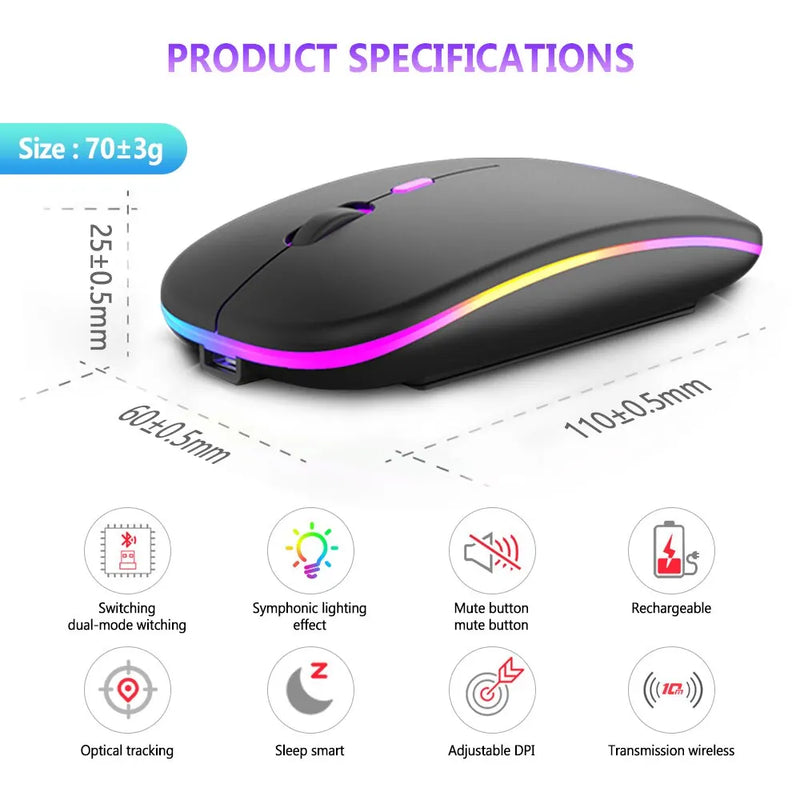 Mouse Bluetooth Sem Fio X15 com RGB, 2,4 GHz - Clique Silencioso